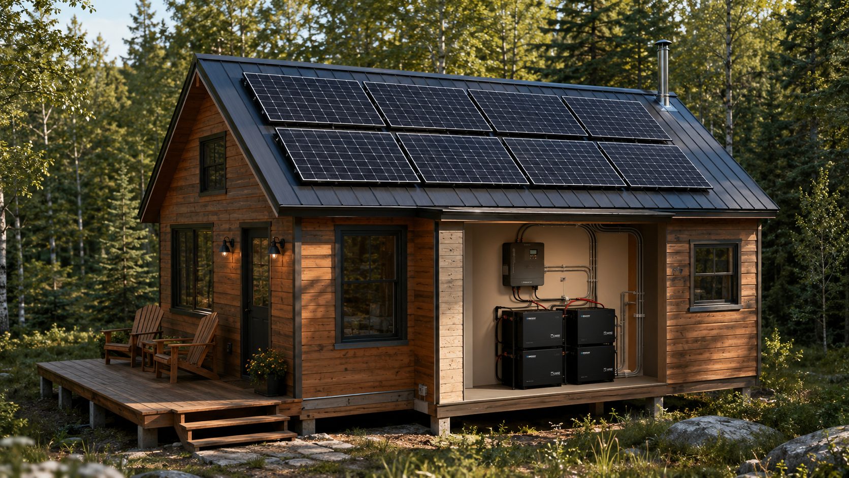 Off-grid cabin with solar panels and lithium battery storage in the woods
