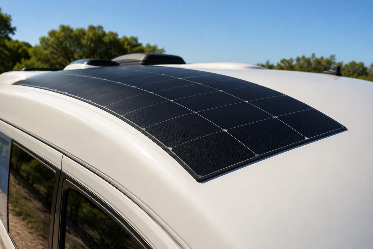 Flexible solar panel on curved van roof