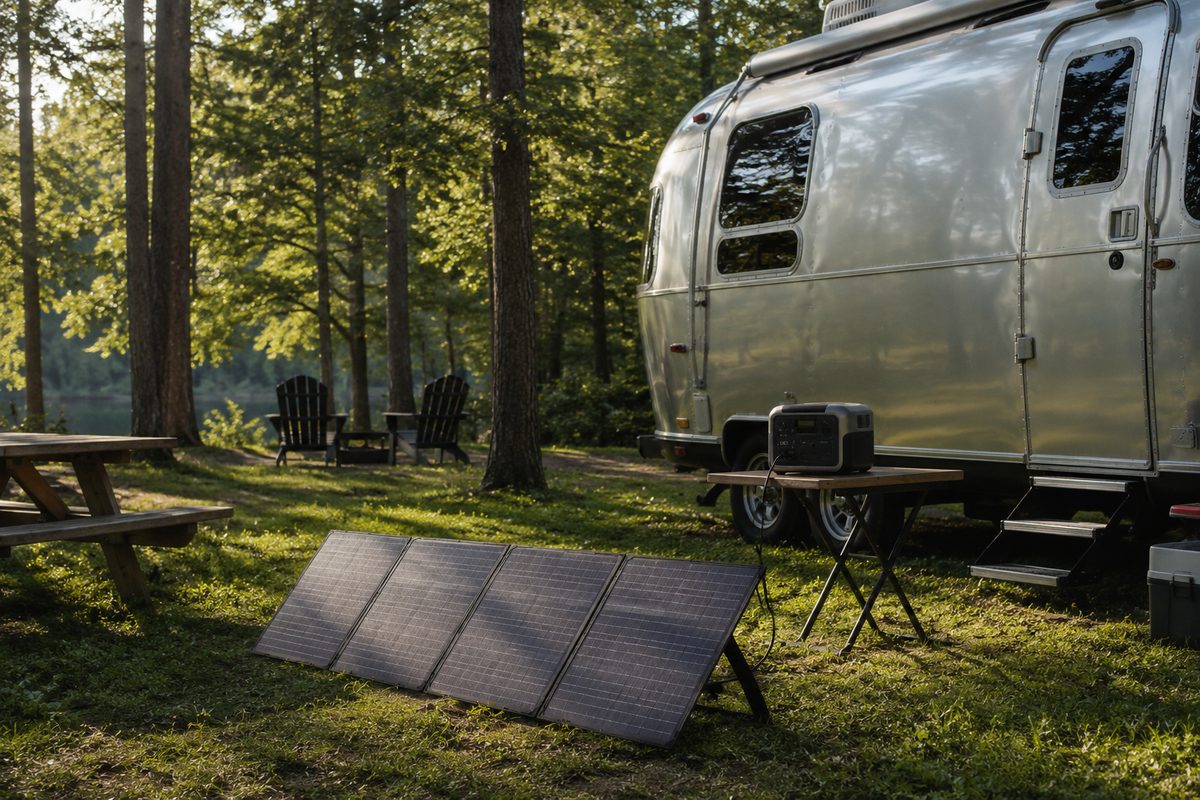 Portable foldable solar panel at campsite