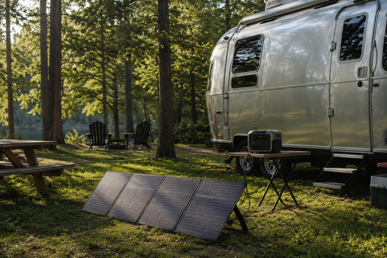 Portable foldable solar panel at campsite
